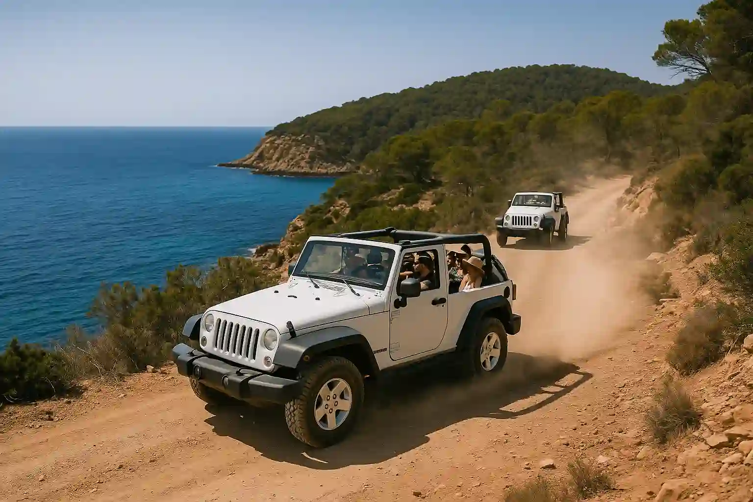 An open-top jeep safari winding along Ibiza's coastal cliffs above the Mediterranean