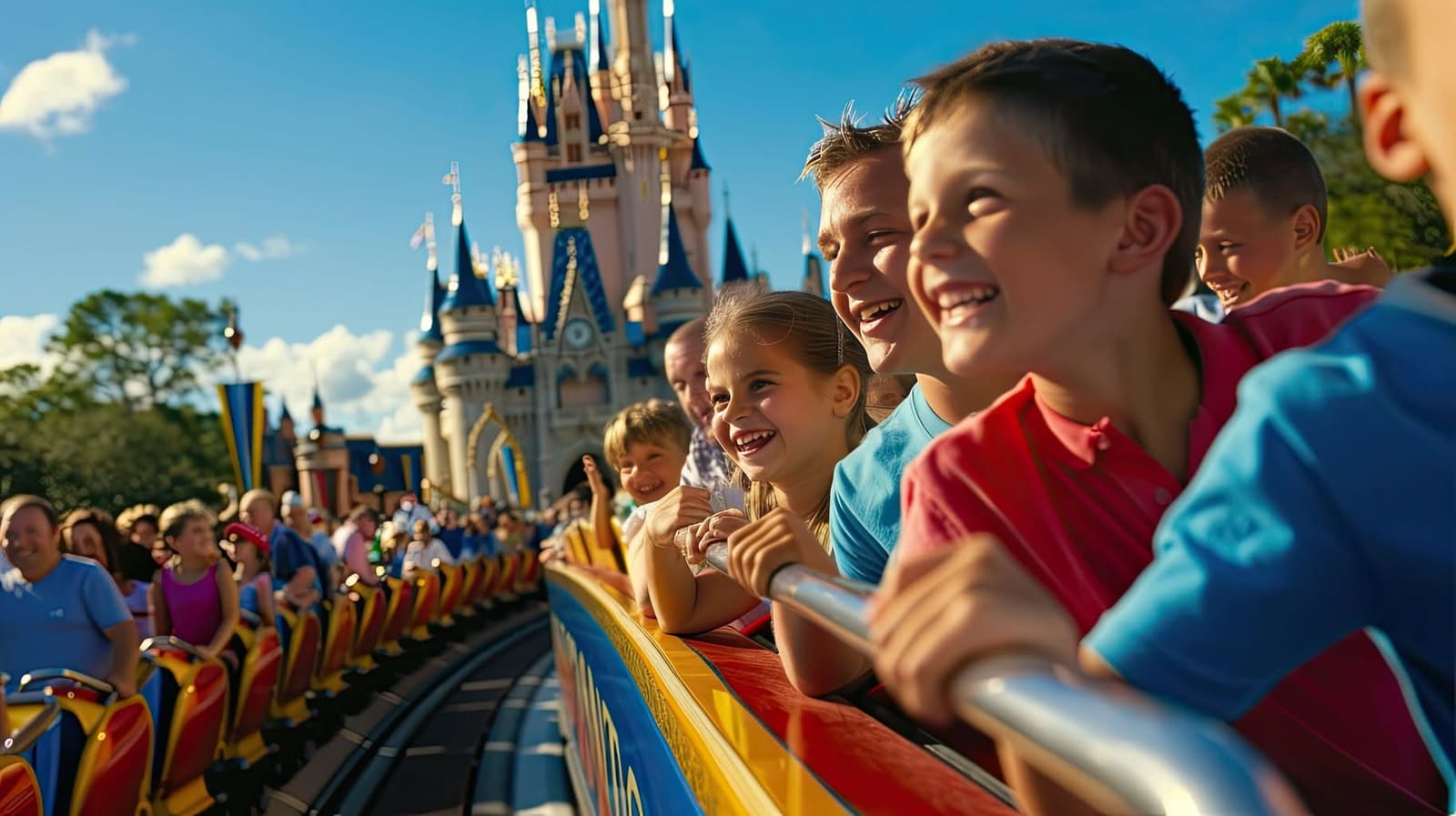 A family riding a roller coaster with Cinderella Castle in the background